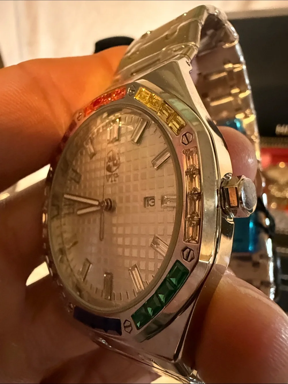 Men's Silver Stainless Steel Watch with Multicolor Bezel